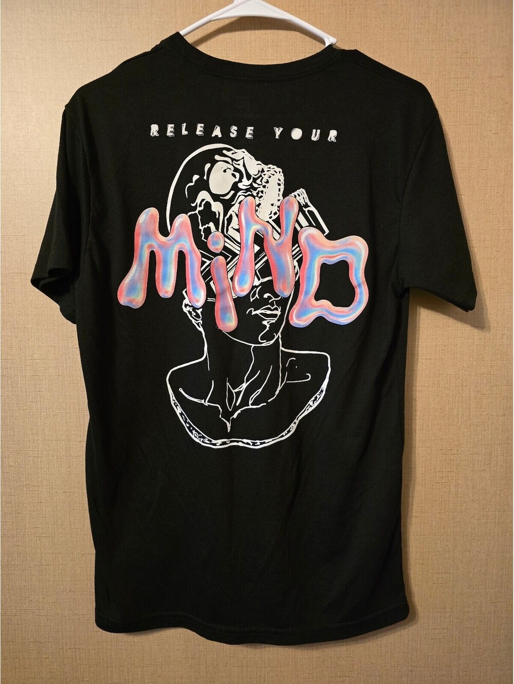 Faded Black Small Black T-Shirt with Colorful Brain Graphic and 'Release Your M!